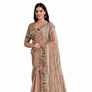 Elegant Women's Embroidered Satin Silk Saree in Blush Pink